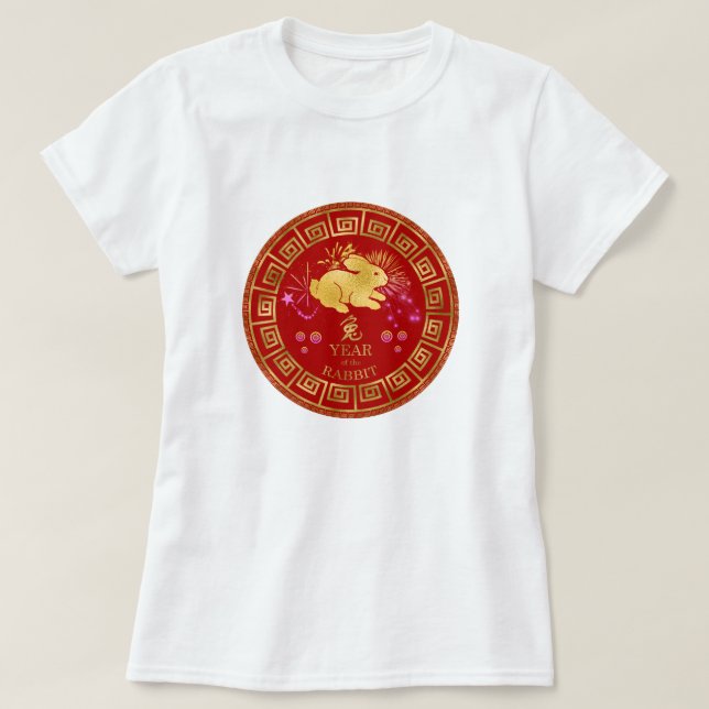 Camiseta Chinês Zodiac Rabbit Vermelho/Dourado ID542 (Frente do Design)