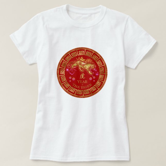 Camiseta Chinês Zodiac Tiger Red/Dourado ID542 (Frente do Design)