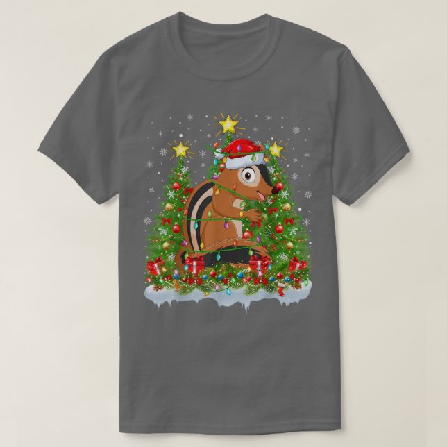 Camiseta Chipmunk Xmas Lights Santa Chipmunk Christmas Tree (Frente do Design)
