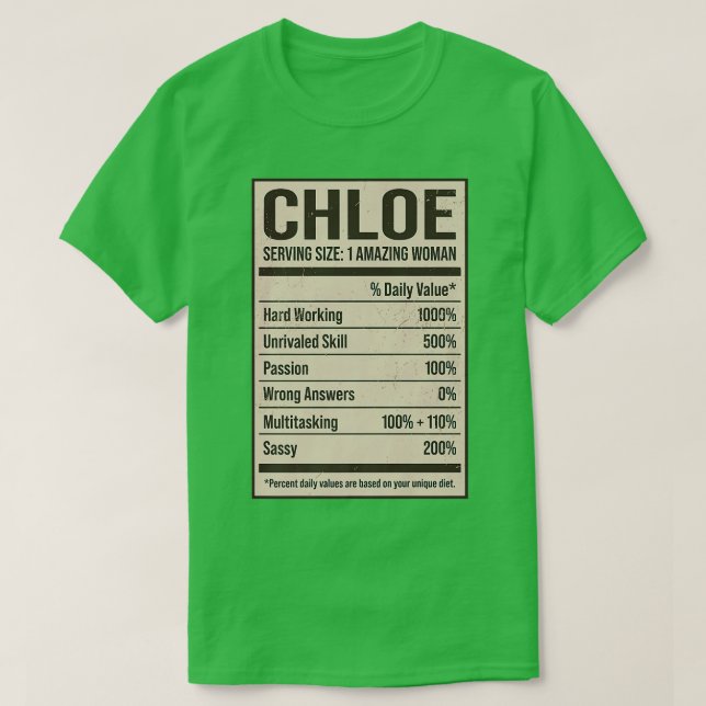 Camiseta Chloe Nutrition Facts Name Apelido Alias Título Fr (Frente do Design)