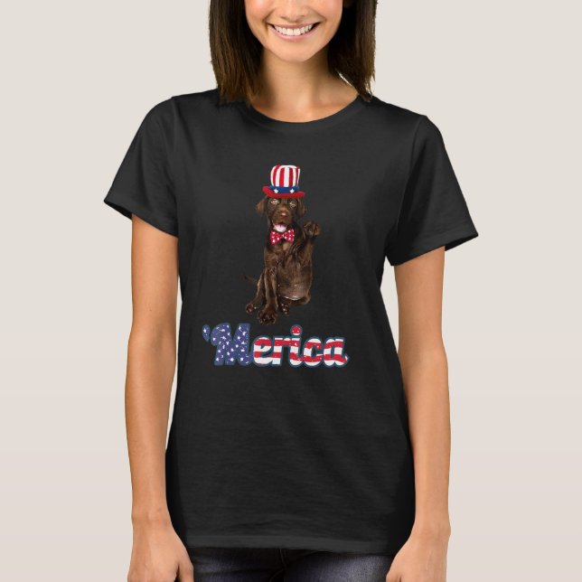 Camiseta Chocolate Labrador American Flag 4 De Julho (Frente)