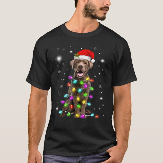 Camiseta Chocolate Labrador Santa Hat Luzes de Natal Amor (Frente)