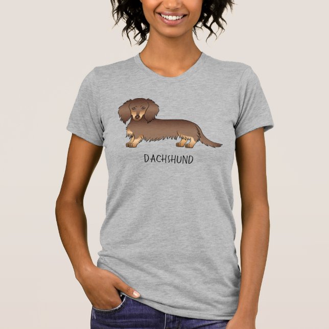 Camiseta Chocolate & Tan Long Hair Dachshund Cão & Texto (Frente)