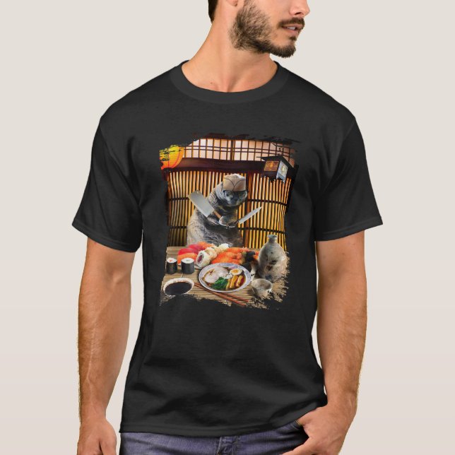 Camiseta Chonk Cat Sushi Ramen Chef, Gatinho Vestindo Óculo (Frente)