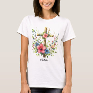 Camiseta Christian Cross enquadrado pela arte Floral Halo