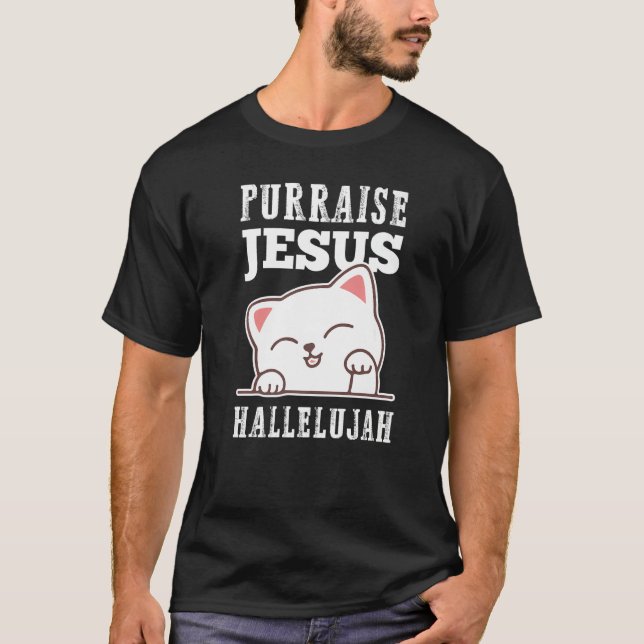 Camiseta Christian Faith Purrise Jesus Aleluia Gato Bonito (Frente)