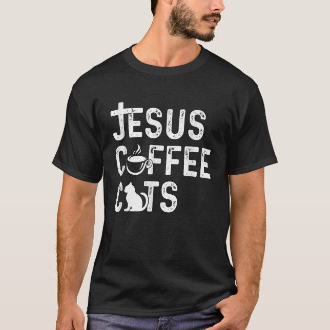 Camiseta Christian Jesus Café Gatos Religiosos Cafeína Gato (Frente)