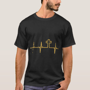 Camiseta Christian Jesus GOD Religious Cross Heartbeat 