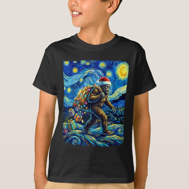 Camiseta Christmas Bigfoot Santa Hat Van Gogh Starry Night  (Frente)