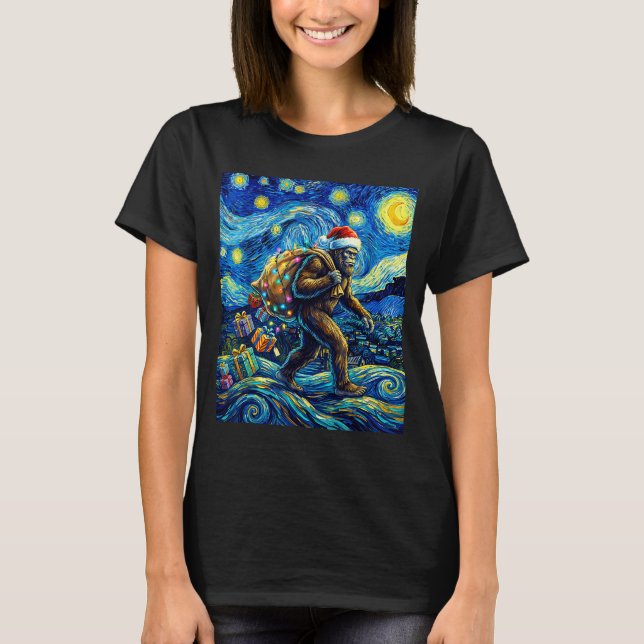 Camiseta Christmas Bigfoot Santa Hat Van Gogh Walking In St (Frente)