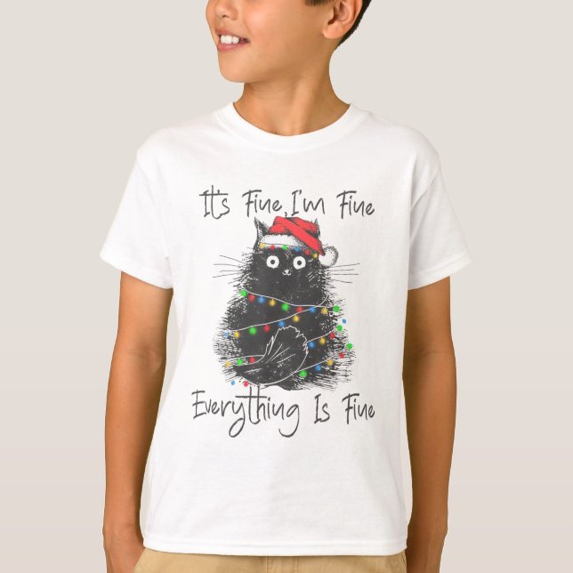 Camiseta Christmas Black Cat It's Fine I'm Fine Everything  (Frente)