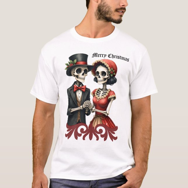 Camiseta Christmas Bone Romance, A festive skeleton couple. (Frente)