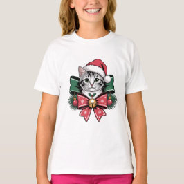 Camiseta Christmas Cat Cute Festive Kitty with Santa Hat 