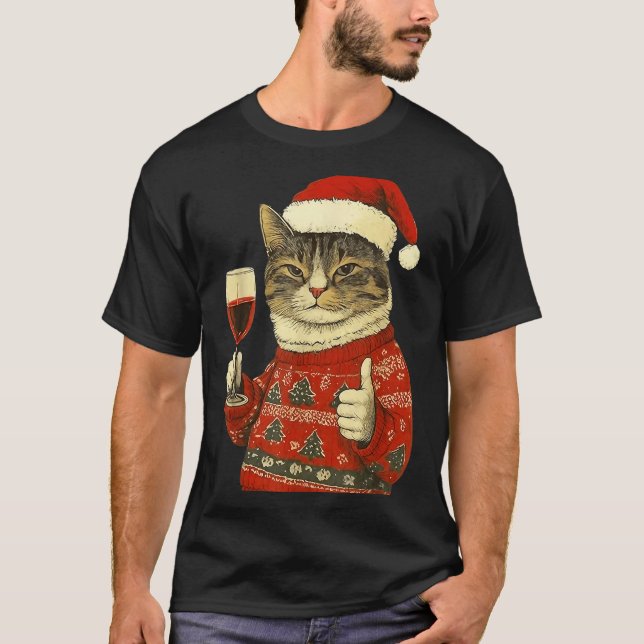 Camiseta Christmas Cat Likes Cute Cat Drinking Wine With Sa (Frente)