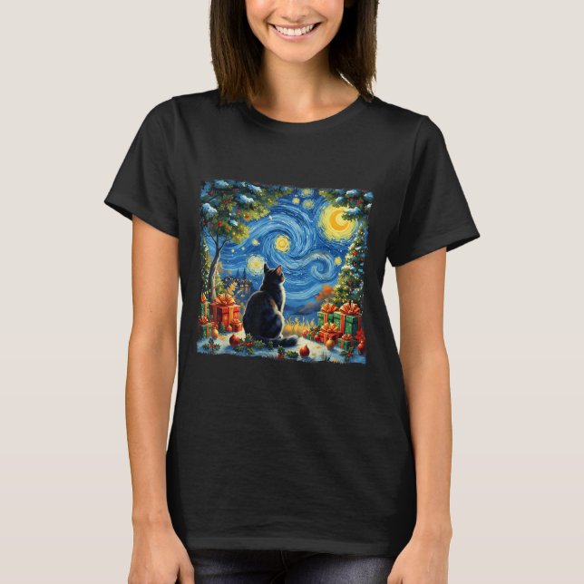 Camiseta Christmas Cat Starry Night Van Gogh Santa Winter G (Frente)