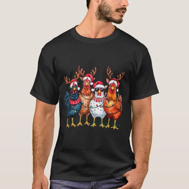 Camiseta Christmas Chickens Reindeer Farm Animals Xmas Ligh (Frente)