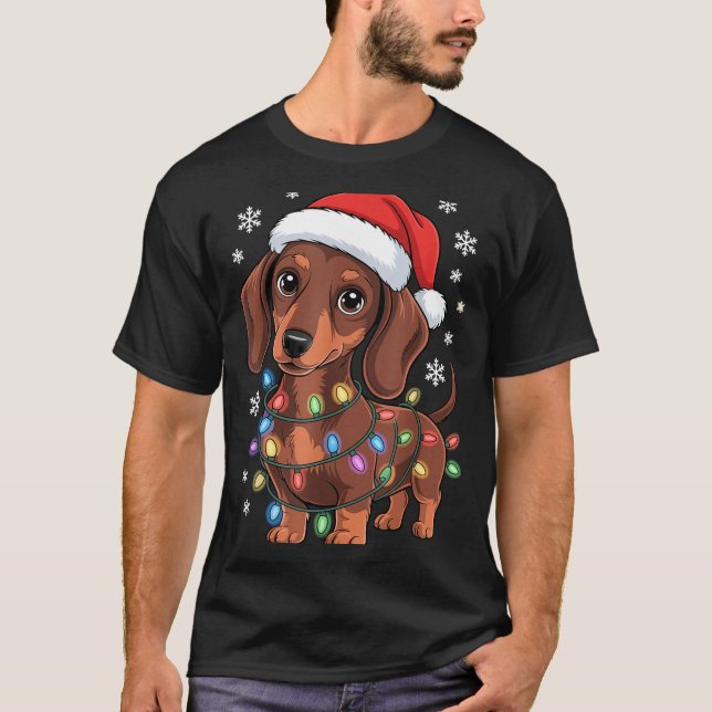 Camiseta Christmas Dachshund Lights Santa Hat Holiday Dog L (Frente)