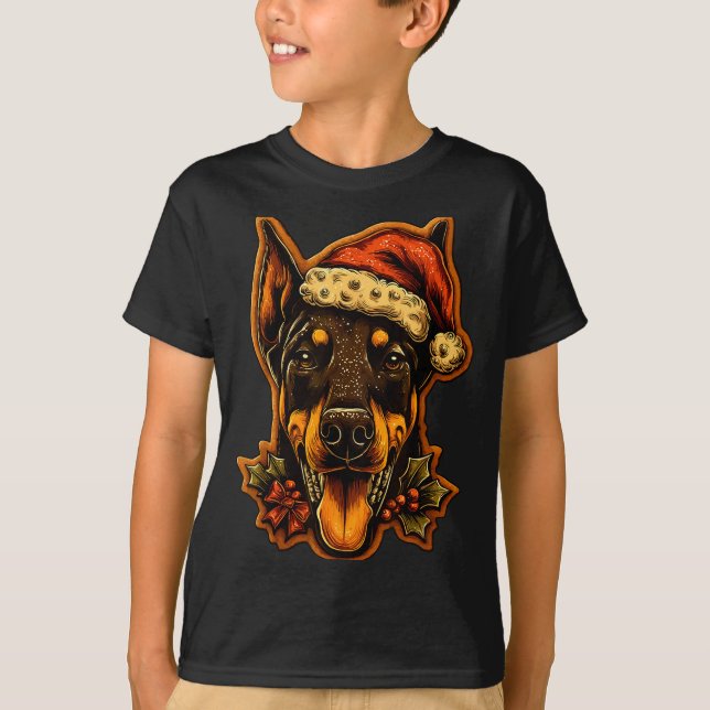 Camiseta Christmas Doberman Dog With Santa Hat Gingerbread  (Frente)