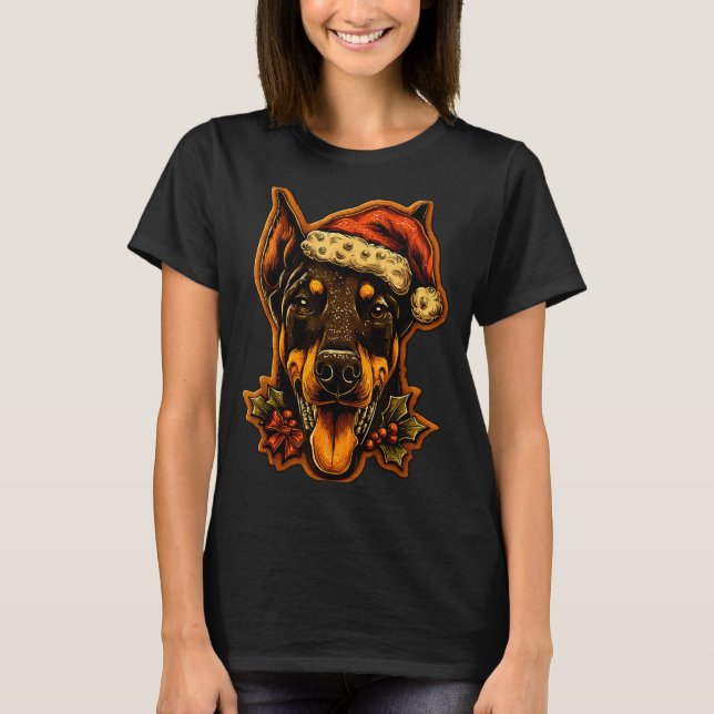 Camiseta Christmas Doberman Dog With Santa Hat Gingerbread  (Frente)