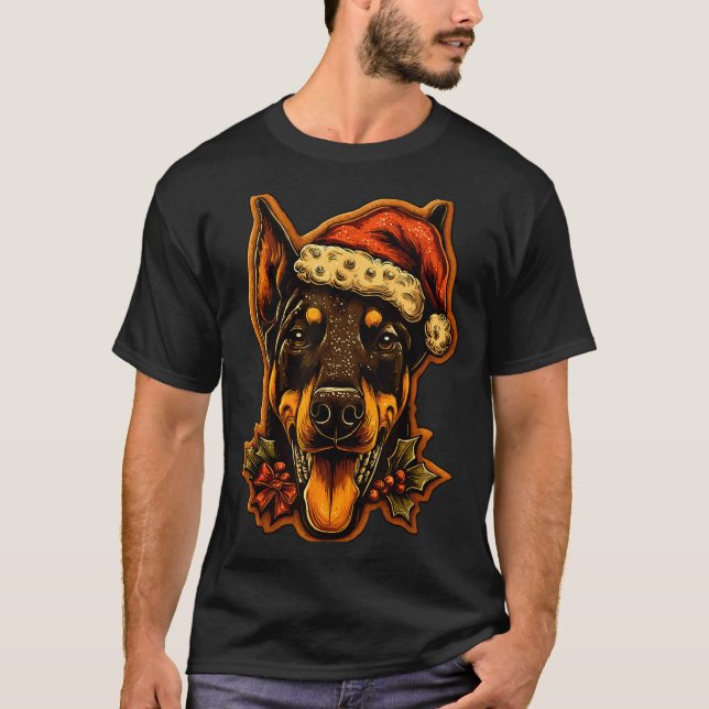 Camiseta Christmas Doberman Dog With Santa Hat Gingerbread  (Frente)