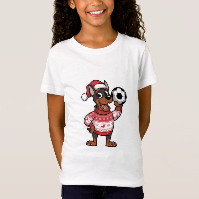 Camiseta Christmas Doberman puppy with soccer ball (Frente)