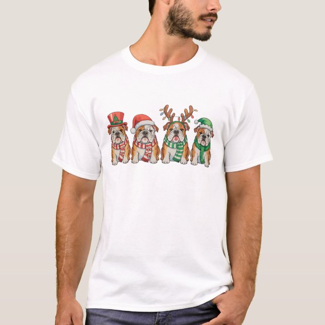 Camiseta Christmas English Bulldog Dog Santa Hat Reindeer (Frente)