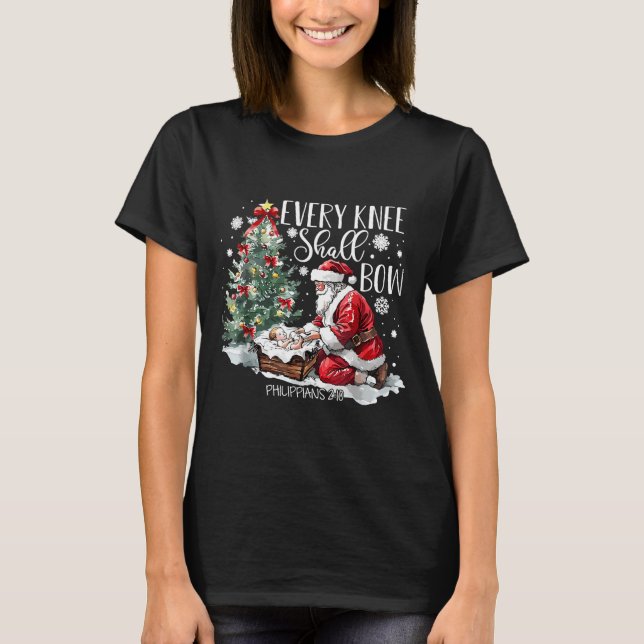 Camiseta Christmas Every Knee Shall Bow Santa Nativity Scen (Frente)