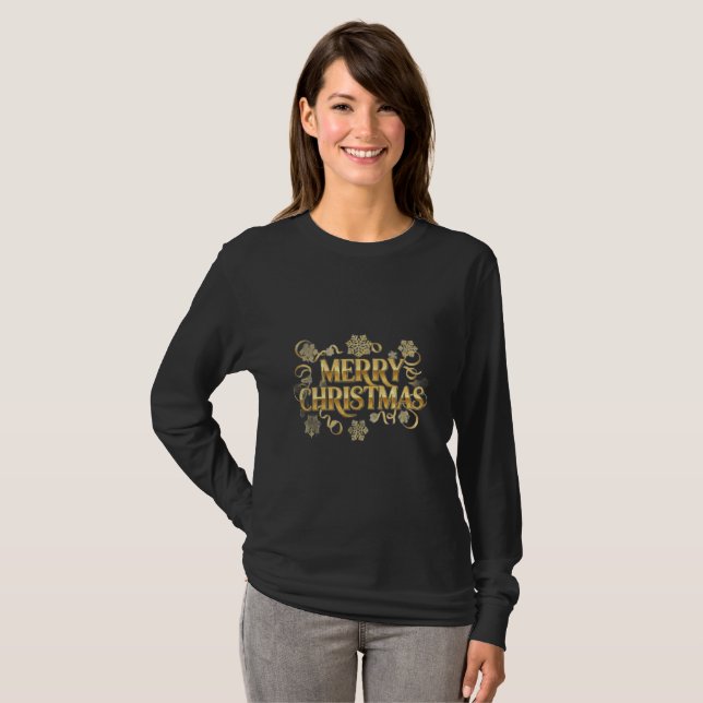 Camiseta Christmas Gold Glitter Snowflakes Script (Frente Completa)
