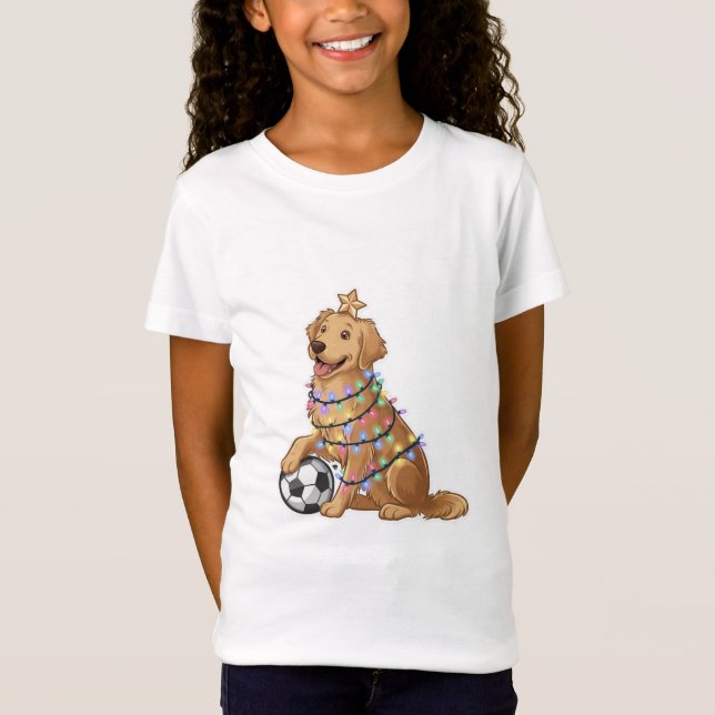 Camiseta Christmas Golden Retriever Dog with Soccer Ball (Frente)