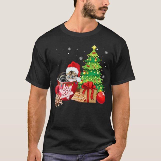 Camiseta Christmas Gray Tabby Cat Ugly Xmas Tree Lights Paj (Frente)
