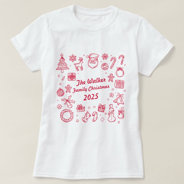 Camiseta Christmas Hand Drawn Doodles Custom Family (Frente do Design)