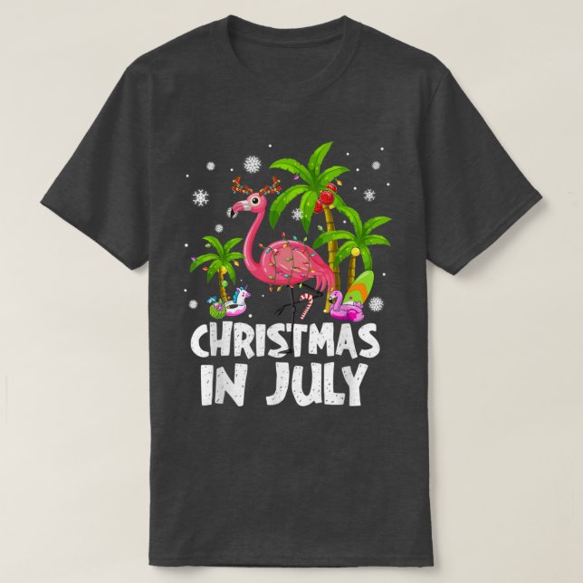 Camiseta Christmas In July Flamingo Palm Tree Beach Summer  (Frente do Design)