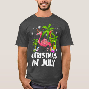 Camiseta Christmas In July Flamingo Palm Tree Beach Summer 