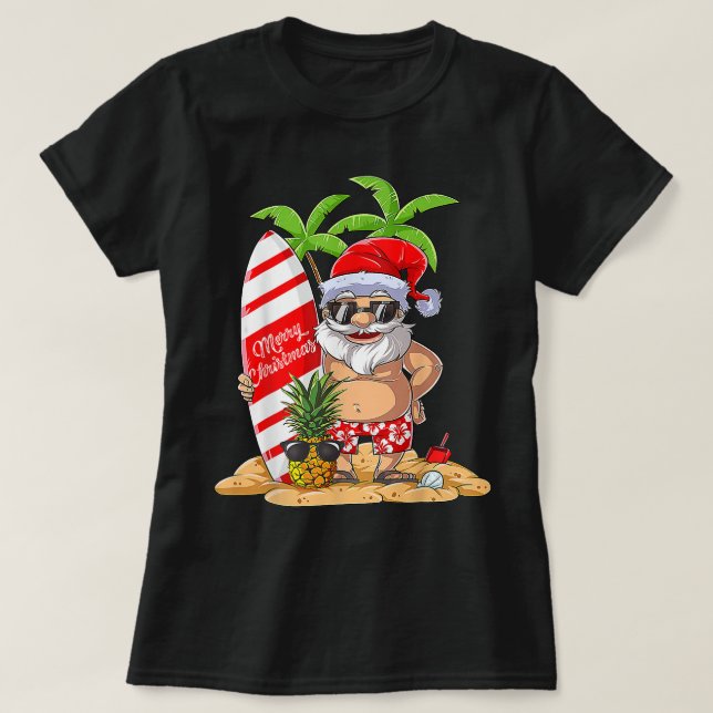 Camiseta Christmas in July Santa Hawaiian Summer Surf Surfi (Frente do Design)