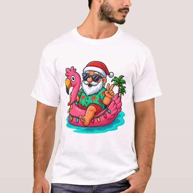 Camiseta Christmas In July Santa Swimming At Pool Flamingo  (Frente)