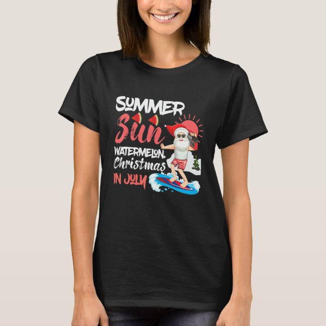 Camiseta Christmas In July Summer Sun Santa Surfing Waterme (Frente)