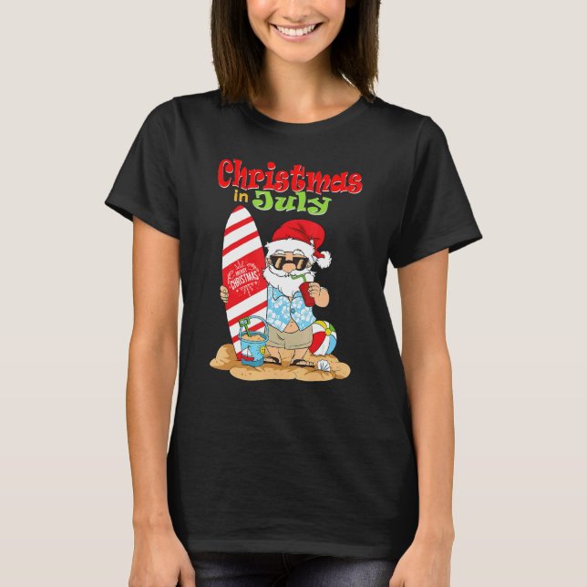 Camiseta Christmas In July Surfing  Santa Summer Beach Vaca (Frente)