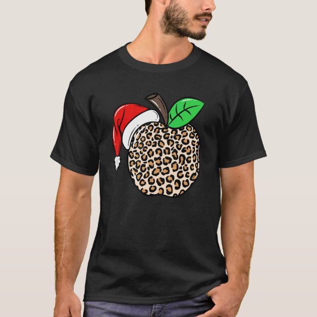Camiseta Christmas Leopard Apple Santa Hat Christmas Teache (Frente)