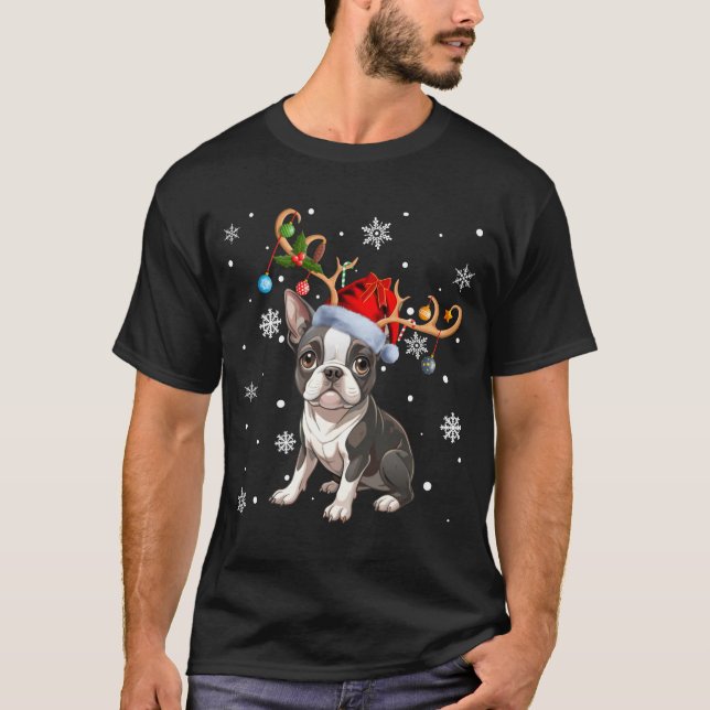 Camiseta Christmas Light Reindeer Santa Hat Boston Terrier  (Frente)