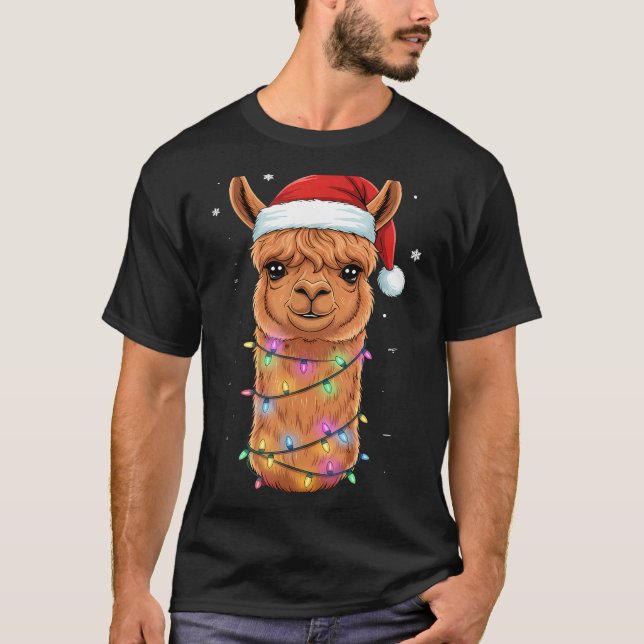 Camiseta Christmas Lights Alpaca Santa Hat Llama Cute Xmas  (Frente)