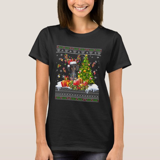 Camiseta Christmas Lights Dachshund Dog  Xmas Ugly Sweater (Frente)