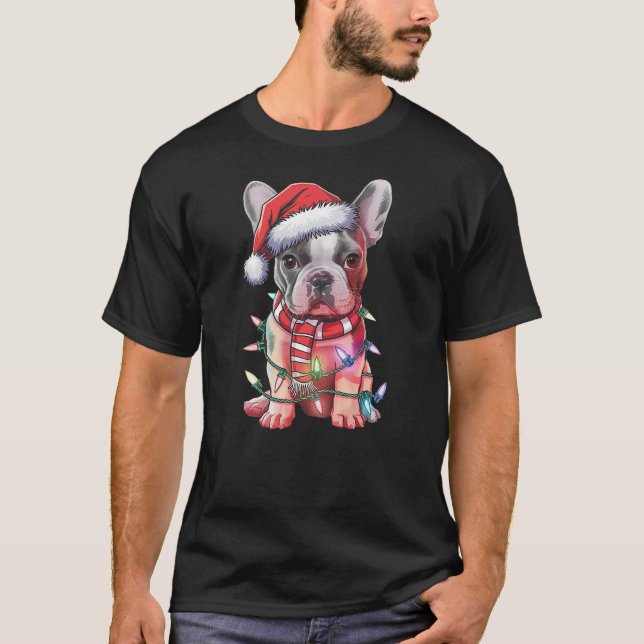 Camiseta Christmas Lights French Bulldog Santa Hat Funny Do (Frente)