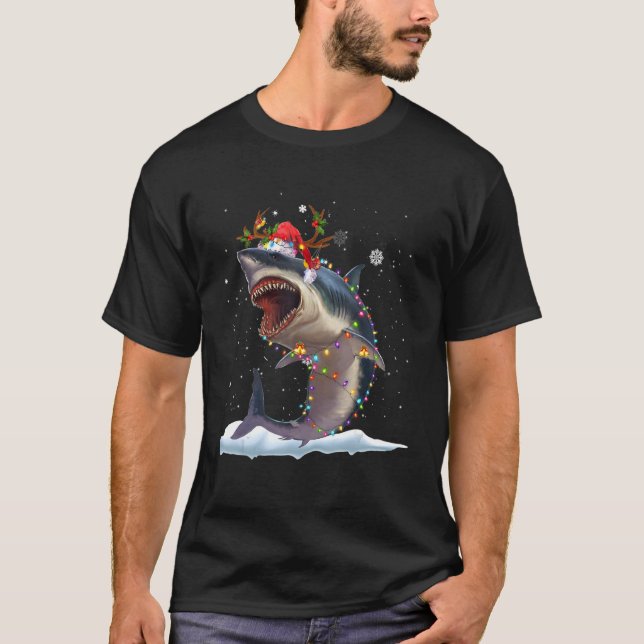 Camiseta Christmas Lights Shark   Santa Hat Xmas Family (Frente)