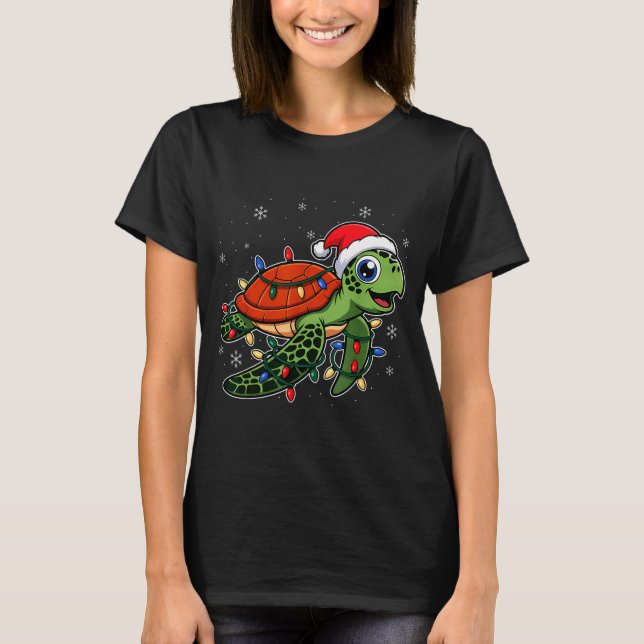 Camiseta Christmas Lights Turtle Wearing Xmas Hat - Lover  (Frente)