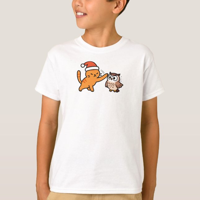 Camiseta Christmas Orange Cat and Owl (Frente)