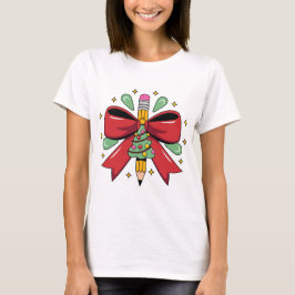 Camiseta Christmas Pencil with Festive Bow and Tree Design