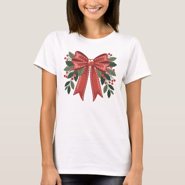 Camiseta Christmas Red Bow with Holly and Berries Festive (Frente)