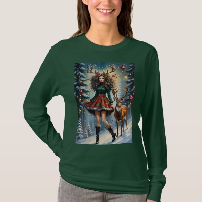 Camiseta Christmas Reindeer Girl With Antlers Snowy Night (Frente)