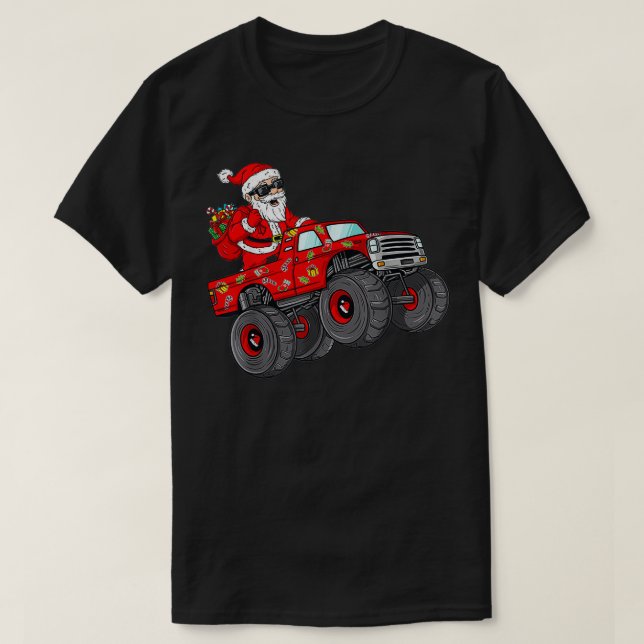 Camiseta Christmas Santa Claus Riding Monster Truck Boys Ki (Frente do Design)