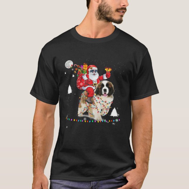 Camiseta Christmas Santa Claus Riding Saint Bernard Lights  (Frente)